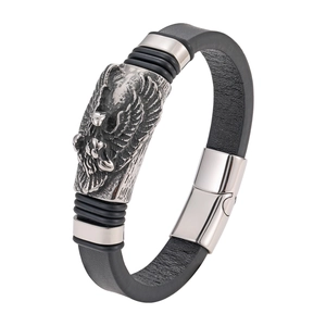 Men's leather bracelet with stainless steel eagle relief and magnetic buckle