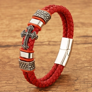 Retro Men Braided Leather Bracelet Stainless Steel Cross Vintage Religious Magnetic Buckle Black Red Biker Bracelet For Him