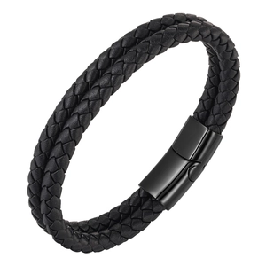 Bracciale a doppio strato in pelle intrecciata nera per uomo con chiusura in acciaio