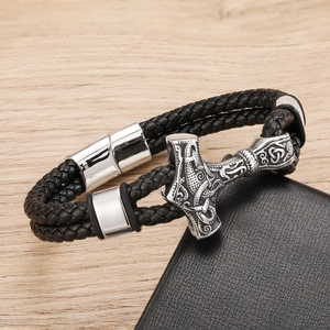 Men's leather braided bracelet with silver Mjölnir pendant and magnetic metal clasp
