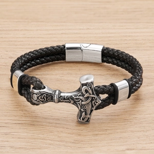 Men's Viking Mjölnir braided leather bracelet with stainless steel magnetic clasp