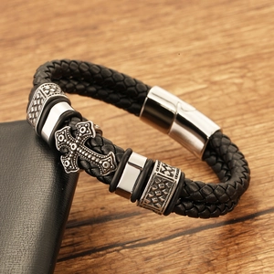 Mens woven black leather bracelet with vintage silver cross and magnetic steel clasp