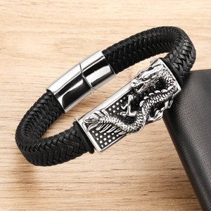 Men's braided leather dragon bracelet with engraved stainless steel magnetic clasp