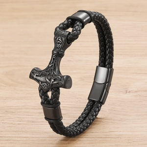 Men's braided leather Mjolnir bracelet with rune engraved magnetic clasp