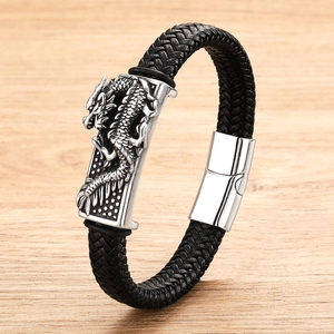 Men Retro Chinese Dragon Bracelet Stainless Steel Black Woven Leather Cord Animal Zodiac Charm Jewelry Gift Magnetic Clasp
