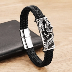 Men's black braided leather bracelet with 3D dragon stainless steel magnetic clasp