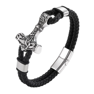 Braided leather Viking bracelet with Thor's hammer Mjölnir charm and magnetic steel clasp