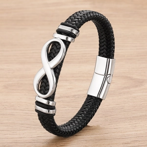 Bracciale da Uomo di Tendenza in Pelle Intrecciata Con Ciondolo Simbolo dell'Infinito in Acciaio Inossidabile Chiusura Magnetica