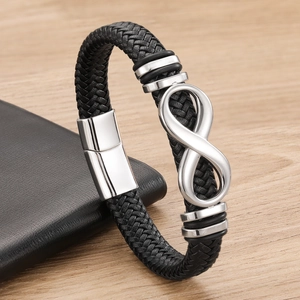 Bracciale da uomo in pelle nera intrecciata con simbolo infinito argento e chiusura magnetica