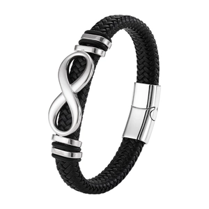Bracciale da uomo in pelle nera intrecciata con simbolo infinito e chiusura magnetica