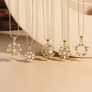 14K Gold Plated Copper Necklace For Women With Artificial Pearl And Rainbow Zirconia Star Moon Snowflake Heart Pendant Jewelry