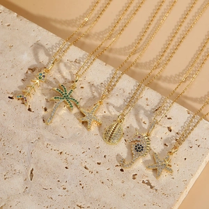 14K Gold Plated Copper Zirconia Ocean Pendant Necklace Seahorse Starfish Shell Coconut Tree Fish Bone Beach Jewelry For Women