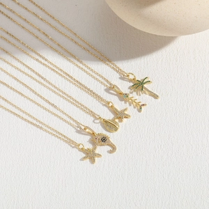 14K gold plated ocean series necklaces with zircon seahorse starfish and shell pendants