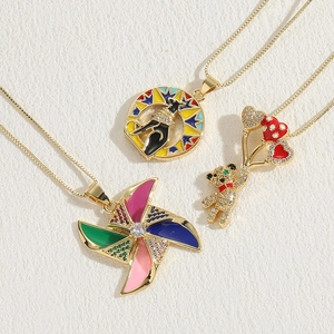 Chic colorful windmill and bear pendant necklaces with zircons for women's fashion
