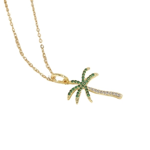 Tropical coconut tree pendant necklace with green zircons and 14K gold plated chain