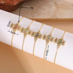 Bracelet ours élégant plaqué or 14K avec zircons colorés et chaîne à maillons de 18cm