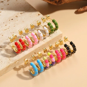 14K Vergoldete Kupfer Bambus Gelenk Emaille C-Form Ohrringe Für Damen Bunte Zirkon Tropföl Mode Schmuck