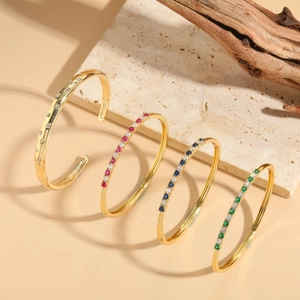 Luxury Copper Zirconia Bangle For Women 14K Gold Plated Colorful Gemstone Inlaid Bracelet Elegant Minimalist Jewelry Gift
