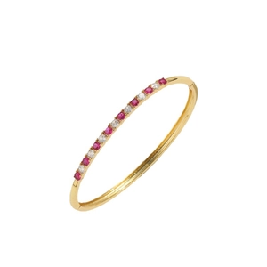 Elegant gold plated bangle bracelet inlaid with alternating red and white round zircon stones