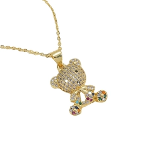 Luxury 14K gold plated bear pendant necklace with colorful gems and zircon stones