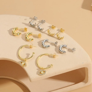 Bohemian Moon C-Shape Evil Eye Earrings For Women Copper Zirconia Opal Stud Hoop Earrings Ins Style Minimalist Jewelry Gift