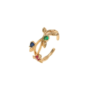 Elegant vine-shaped open ring with multicolored cat eye zircon stones in gold finish