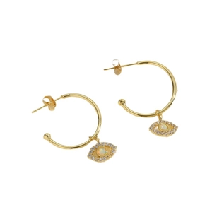 18K gold-plated C-shaped hoop earrings with opal evil eye pendants and zircon accents