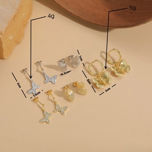 Elegant 14K gold plated butterfly zircon earrings set featuring hoops and studs for women