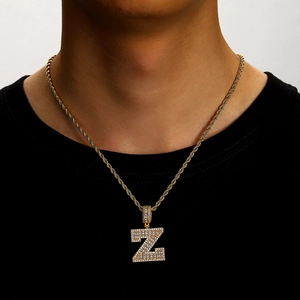 Hip Hop Initial Letter Pendant Necklace Copper Zirconia Inlaid Gold Plated Rope Chain Jewelry For Women Men Alphabet Pendant