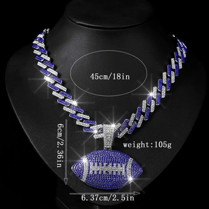 Hip hop Cuban chain with blue and white iced-out rugby football pendant and size details