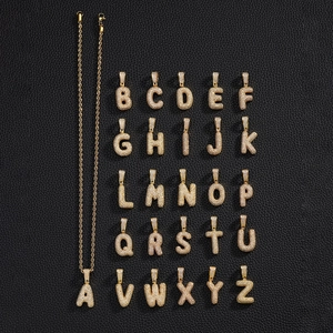 Hip Hop Bubble Letter Pendant Necklace Gold Plated Copper Pave Zirconia Initial Alphabet A-Z Rope Chain Jewelry For Men Women