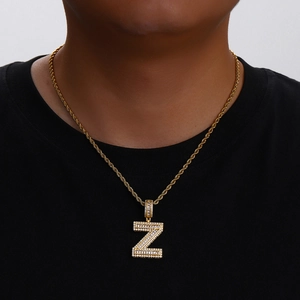 Hip hop style gold Z letter pendant necklace with cubic zirconia and rope chain