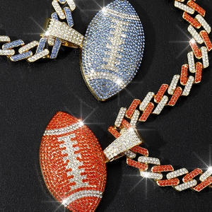 Iced out colorful football pendants with sparkling Cuban link chain in hip hop style