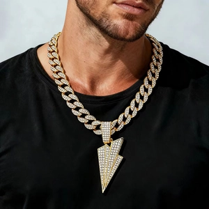 Iced out hip hop Cuban link necklace with lightning bolt pendant for men