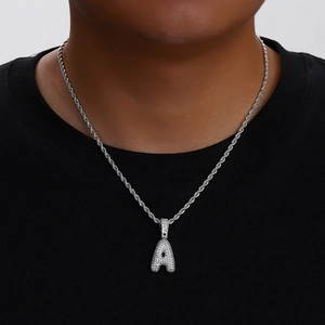 Hip hop silver plated bubble letter A pendant necklace with sparkling cubic zirconia inlay