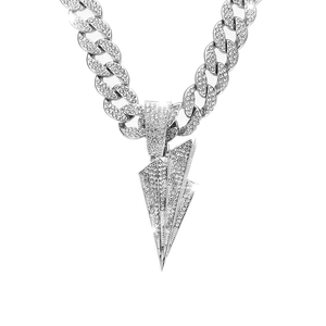Hip-hop Cuban link necklace with iced-out lightning bolt pendant in silver finish