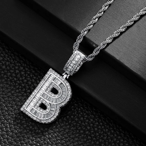 Hip hop style silver letter B pendant necklace with pavé zircons and a classic rope chain