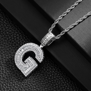 Iced out hip hop square letter G pendant necklace with baguette zircons and rope chain