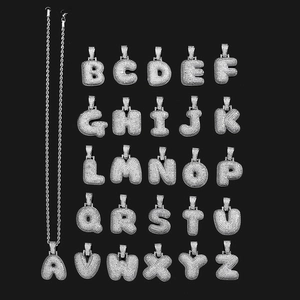 Hip Hop Iced Out Bubble Letter Pendant Necklace Copper Zirconia Initial Alphabet Pendant Silver Tone Rope Chain Jewelry