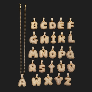 Iced Out Bubble Initial Letter Pendant Necklace Copper Zirconia Hip Hop Jewelry Gold Rope Chain For Men Women