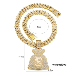 Détails du pendentif sac d'argent hip-hop avec dimensions et poids de la chaîne cubaine