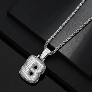 Hip hop silver capital letter B pendant necklace with pavé zircons on rope chain
