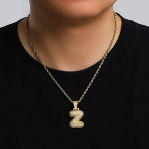 Gold plated hip hop necklace with iced out Z bubble letter pendant and rope chain