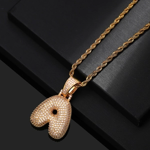 Hip-hop gold bubble letter A necklace with cubic zirconia and rope chain