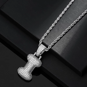 Close-up of hip hop silver letter I pendant with white zircon micro-pave and rope chain