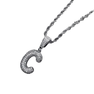 Hip hop silver C-letter pendant necklace with sparkling zircons and rope chain