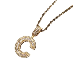 Golden letter C pendant necklace with cubic zirconia micro-paved on rope chain