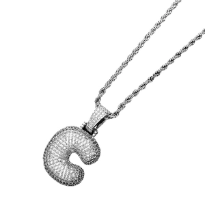 Hip hop silver rope chain with 3D bubble letter C pendant encrusted in zircon stones
