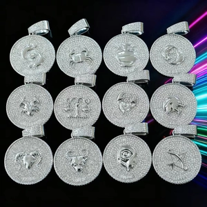 Hip Hop Iced Out 12 Zodiac Sign Round Pendant Necklace Gold Silver Plated Zinc Alloy Rhinestone Cuban Link Chain Men Jewelry