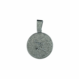 Silver Sagittarius zodiac circle pendant necklace with iced out rhinestones on Cuban chain